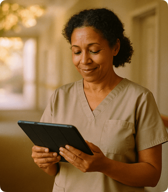 Photo of a care worker looking at a tablet and smiling
